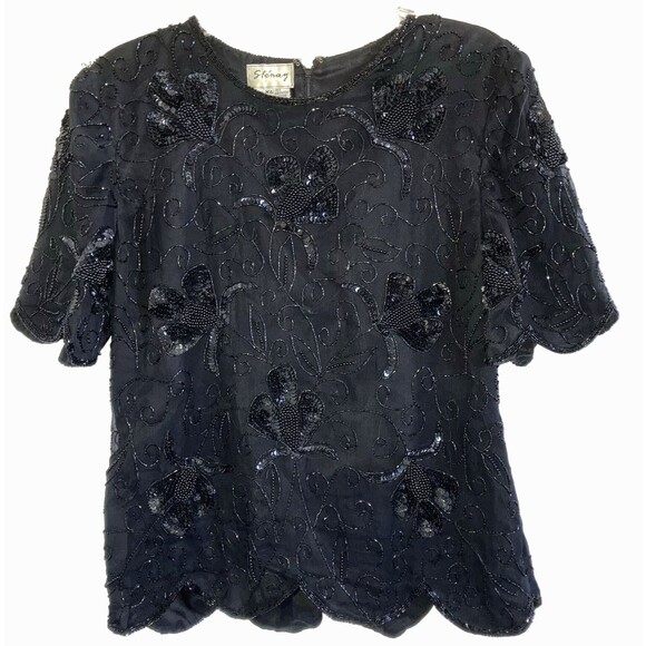 STENAY sz L / sz XL Black Beaded Sequin Elegant Evening Top Neutral Showstopper - Picture 1 of 5